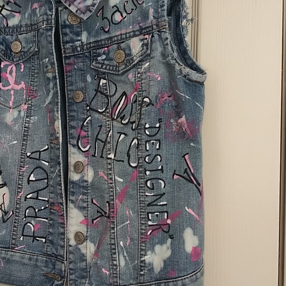 Hand Painted Word Art Denim Vest - Picture 3 of 5